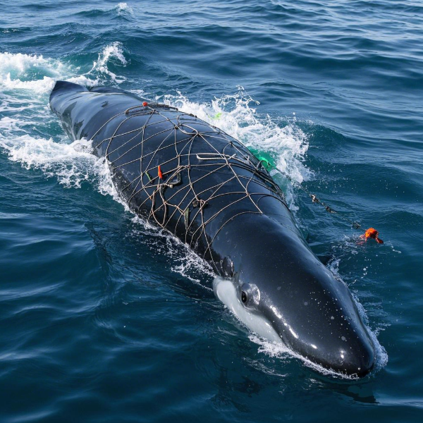 North Atlantic right whale entangled in fishing gear