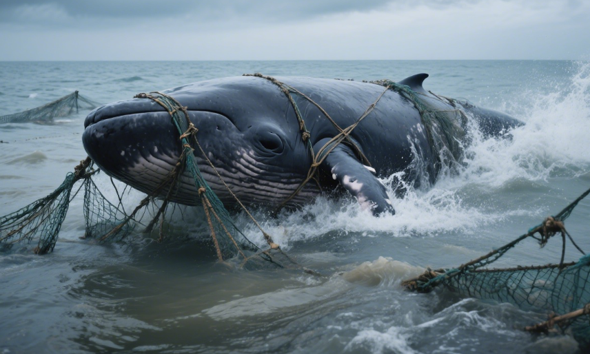 Italian sperm whale entangled in illegal fishing nets