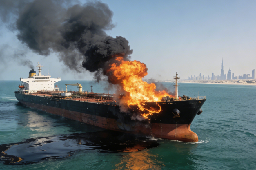 Oil Tanker Near Dubai, UAE, Hit by Projectile and Catches Fire